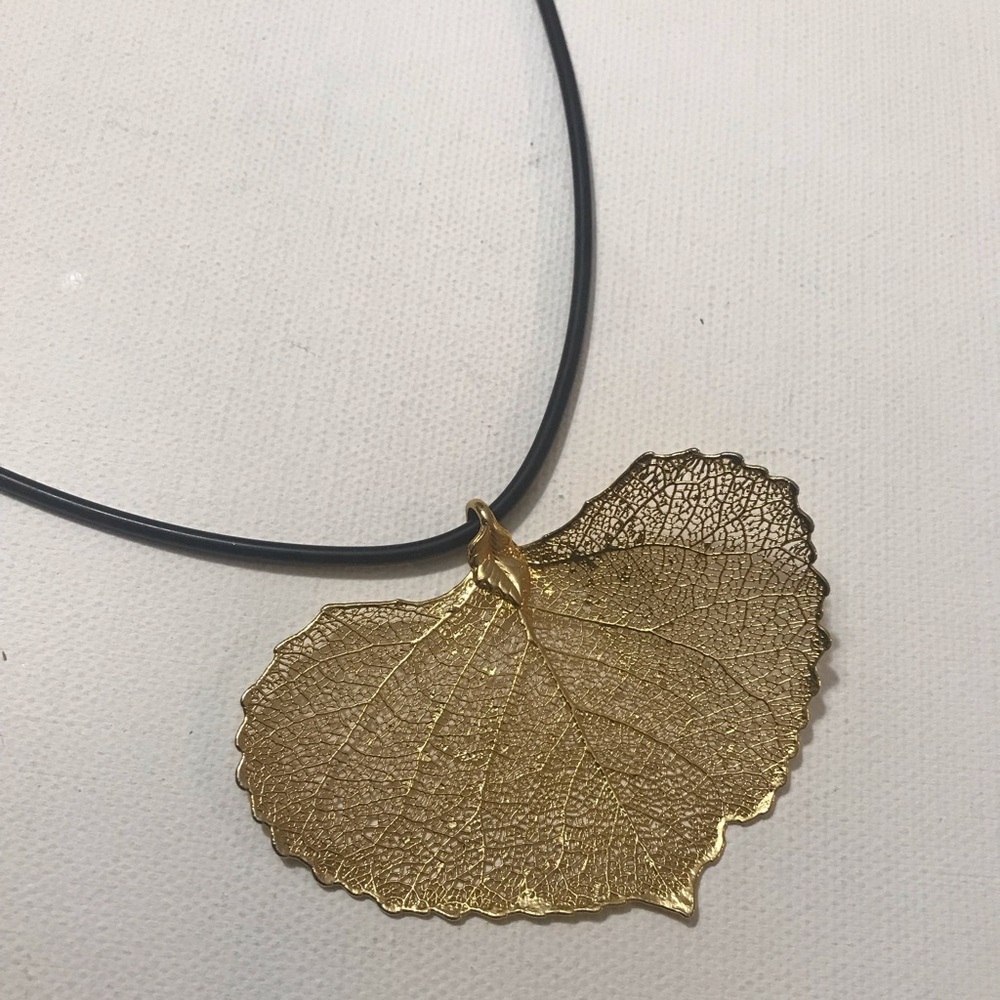 Gold Tone Delicate Gold Dipped Leaf Pendant Black… - image 2